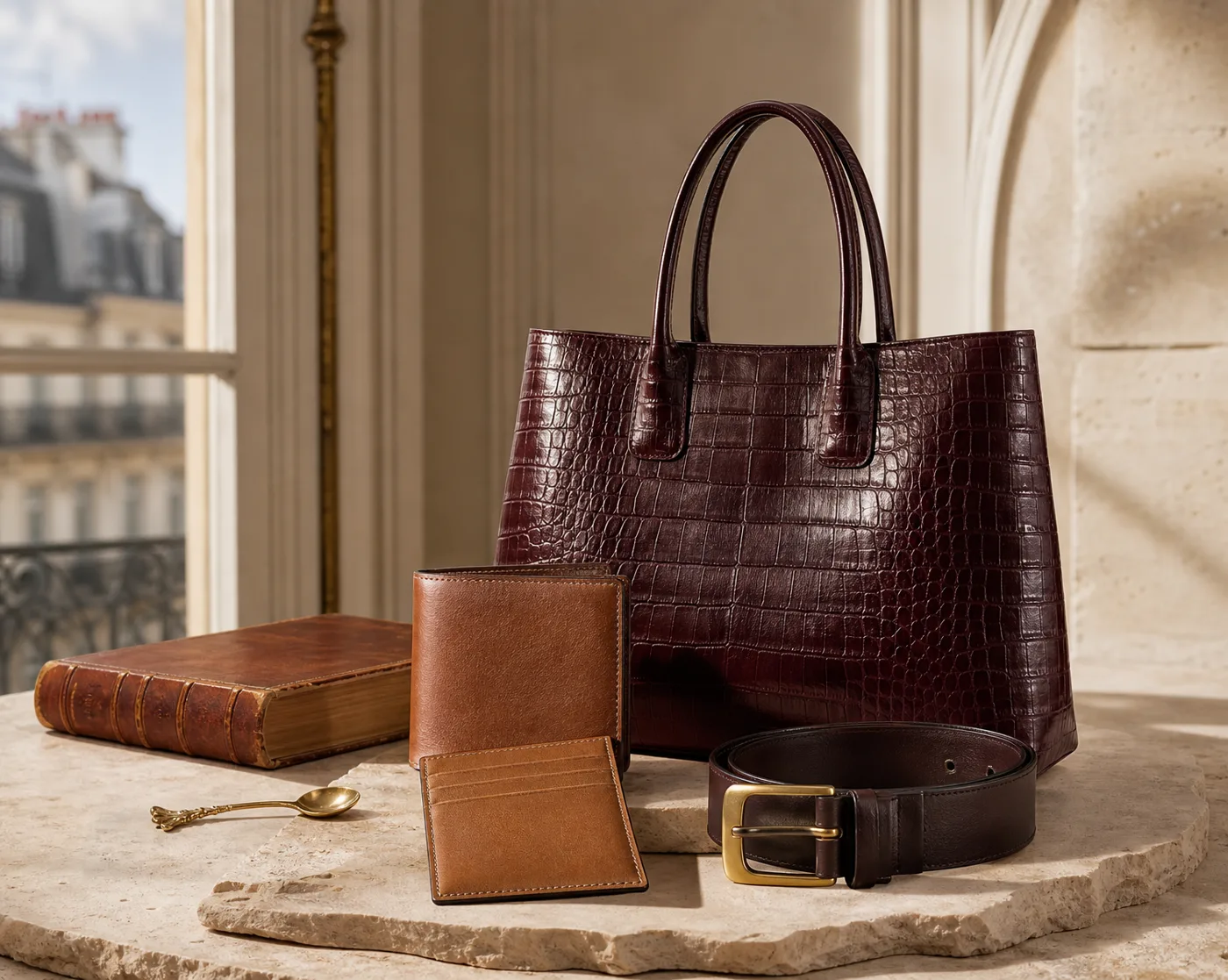 HA Leather Craft — the full collection: croc-embossed handbag, bifold wallet, card holder and leather belt