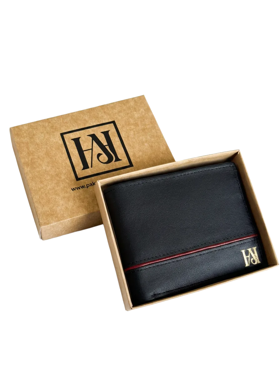 Signature Black Leather Bifold Wallet — Crimson Stripe